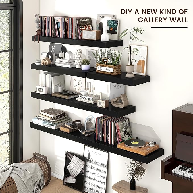 Floating Shelves for Wall, 24 Inch Wide x 12 Inch Deep Floating Shelves, Long Wood Floating Wall Shelf Shelves for Living Room Bathroom Bedroom Kitchen Home - (Black, 24" W x 12" D x 2" H)