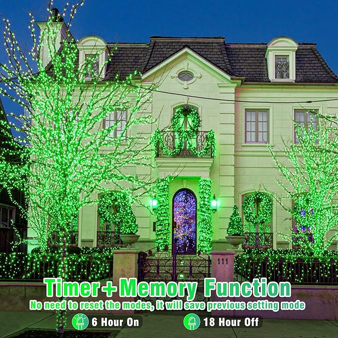Vivideal 800 LED Green Christmas Lights, 262FT Green String Lights Indoor Outdoor Plug in with Timer Memory for Outside Halloween Xmas Tree Decorations