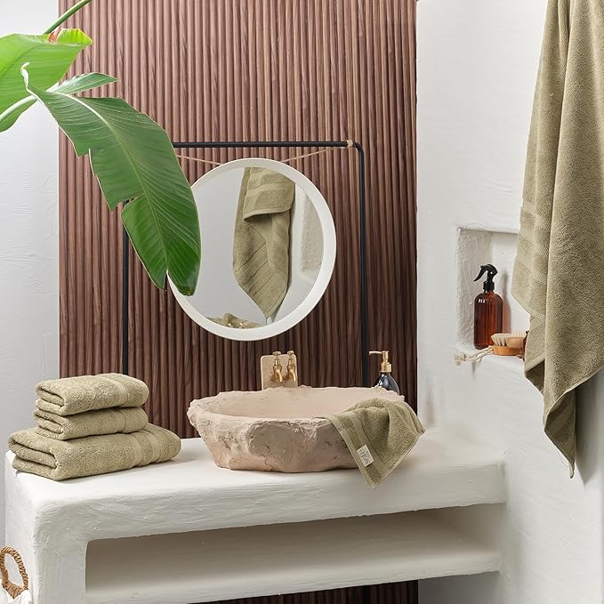 SOFE H&L | Olea Towel Set | 100% Cotton Premium Turkish Towels for Bathroom | Soft, Absorbent, Durable (Green, Set of 4 - Washcloth)