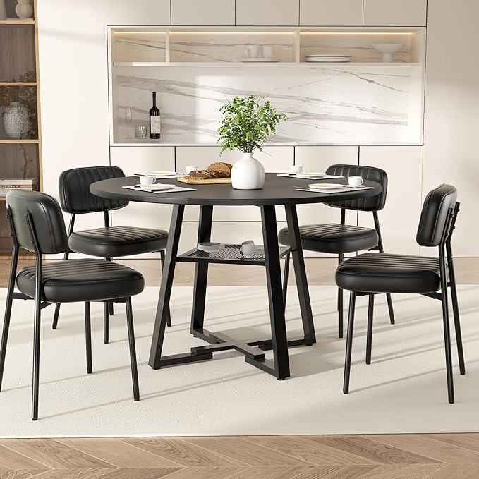 Round Dining Table for 2-4 People,42 Inch Dining Room Table,Modern Circle Kitchen Table with Storage Shelf and Metal Legs for Dining Room,Kitchen,Black (Table Only)