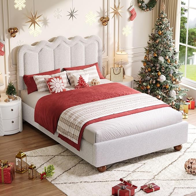 Queen Size Bed Frame with Headboard, Boucle Bed Frame, Soft Upholstered Platform Cloud Bedframe with Footboard, Solid Wood Legs, Solid Wooden Slats Support, No Box Spring Required, Easy Assembly
