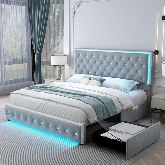 Queen Led Bed Frame with 2 Drawers, Storage Platform Queen Size Upholstered Bed Frames with Crystal Button Tufted Headboard, Solid Slats Support, Noise Free, No Box Spring Needed, Velvet Grey