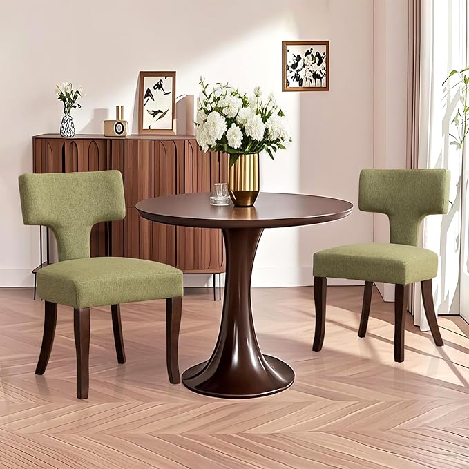 Mid Century Modern Dining Chairs Set of 2, Upholstered Side Dining Chairs with Curved Back Linen Fabric Armless Wood Chairs Kitchen & Dining Room Farmhouse Chairs (Green)