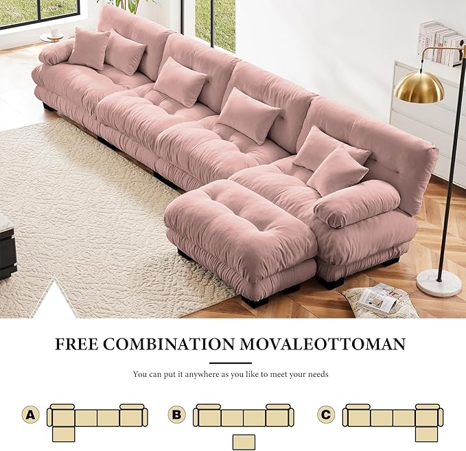 173.2" Oversized Couch, 4 Seater Modular Sectional Sofa, Pink Large L Shaped Fluffy Couch Set, Chenille Cloud Sofas with Ottoman for Living Room