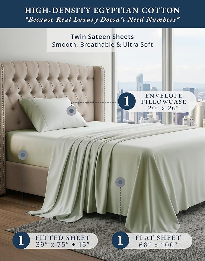 LANE LINEN 100% Egyptian Mercerized Cotton Twin Sheets Set, Eco Friendly Sustainably Produced No Pill Fade Resistant 15 Iinch Deep Pocket Cotton Sheets Twin - Mineral