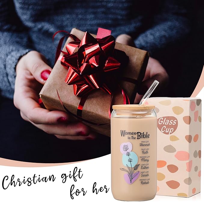 Christian Gifts for Women - Women of the Bible Glass Coffee Tumbler with Straw and Gift Box - 16oz Christian Mug for Mother's Day, Sister, or Bible Lovers