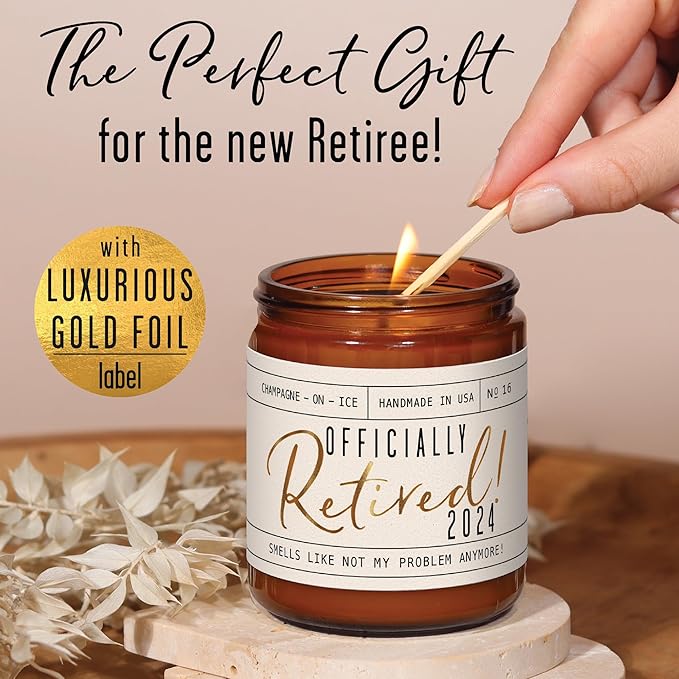 Retirement Gift for Woman - 'Officially Retired 2024' Candle, w/Champagne on Ice I Happy Retirement Gifts for Women 2024 I Retired Gifts for Women I 50Hr Burn, Made in USA