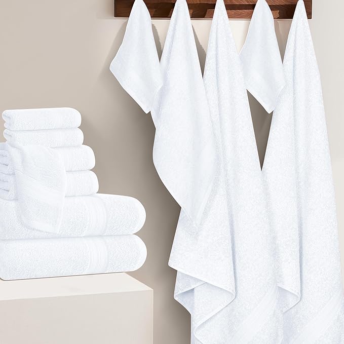 BOUTIQUO 24 Pack Cotton Towel Set, Contains 6 Bath Towels 27x54 inch, 6 Hand Towels 16x24 inch & 12 Wash Coths 12x12 inch, Ideal Everyday use, Ultra Soft Compact & Lightweight - White