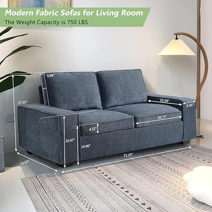 LEISLAND 71.25" Modern Sofas for Living Room, Small Sofas Couches for Small Spaces, Chenille Loveseat Couch with Solid Wood, Metal, Square Arm and Removable Cover/Easy to Install(Blue)