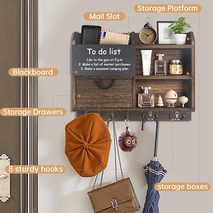 Key Holder Wall Mount, 14.5x11.2x3.5'' Larger 3-Tier Shelf 8 Hooks Drawer Storage,Wooden Key and Mail Holder for Wall,Farmhouse,Home,Living Room,House,Office Decor,Hats,Bag,Dog Leash Hanger Organizer