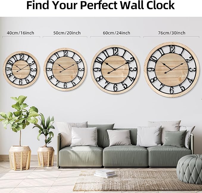 Maxstar 30'' Wall Clock for Living Room Decor, Silent Rustic Wooden Farmhouse Wall Clock with Metal & Real Wood Frame, Battery Operated, for Kitchen Bedroom Office, Arabic Numerals