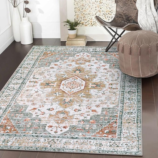Moynesa Ultra-Thin Washable Area Rug - 3x5 Entryway Rug Washable Bedroom Rug Non Slip Front Door Mat, Vintage Medallion Printed Indoor Carpet for Living Laundry Bathroom Vanity Foyer, Beige/Gold