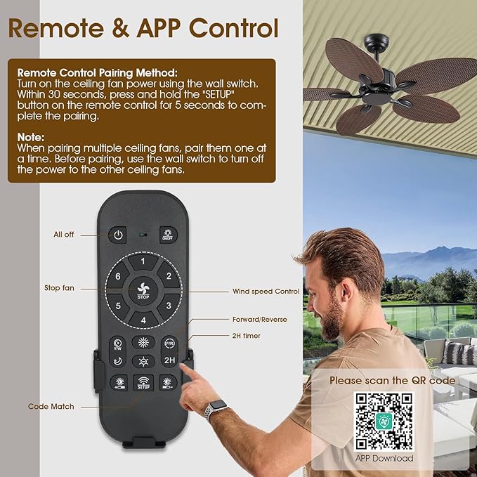 50 Inch Tropical Ceiling Fan no Light, Outdoor Waterproof Palm Leaf Ceiling Fans for Patios Porches, Remote +APP Control, Wet Rated, 6 Speeds, Quiet, Dark Brown