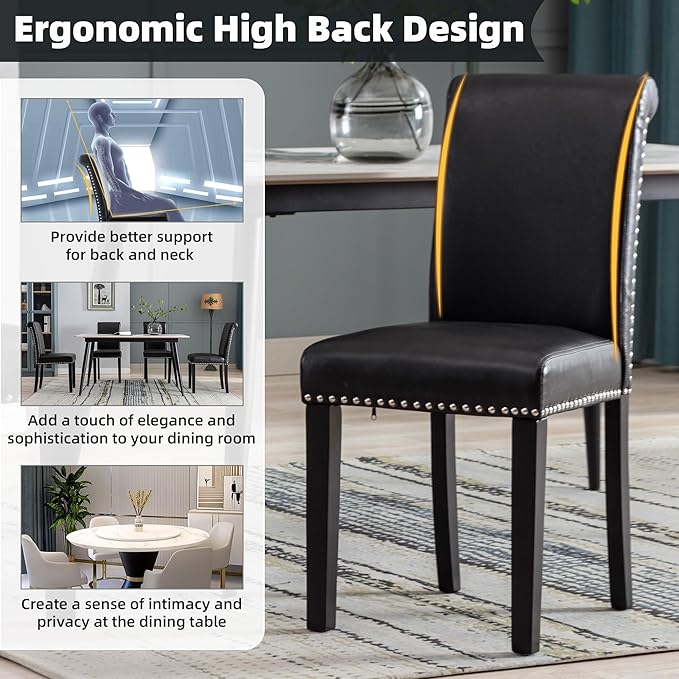 Westice Dining Room Chairs Set of 4 Upholstered PU Leather Kitchen Chairs Dining Room Side Chair with Nailhead Trim and Rubber Wood Legs for Small Space Apartment, Black