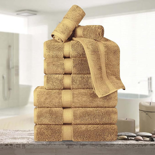 Superior Egyptian Cotton Pile 9 Piece Towel Set, Includes 3 Bath, 3 Hand, 3 Face Towels/Washcloths, Ultra Soft Luxury Towels, Thick Plush Essentials, Guest Bath, Spa, Hotel Bathroom, Toast