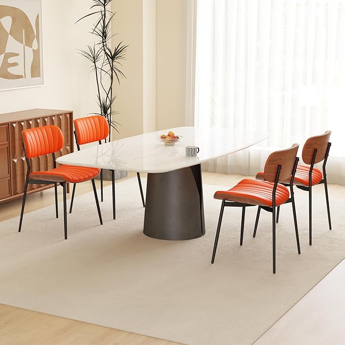 Modern PU Leather Dining Room Chairs Set of 2, Upholstered Kitchen Chairs with Walnut Bentwood Back and Metal Legs Adjustable Feet for Kitchen Dining Room(Orange)