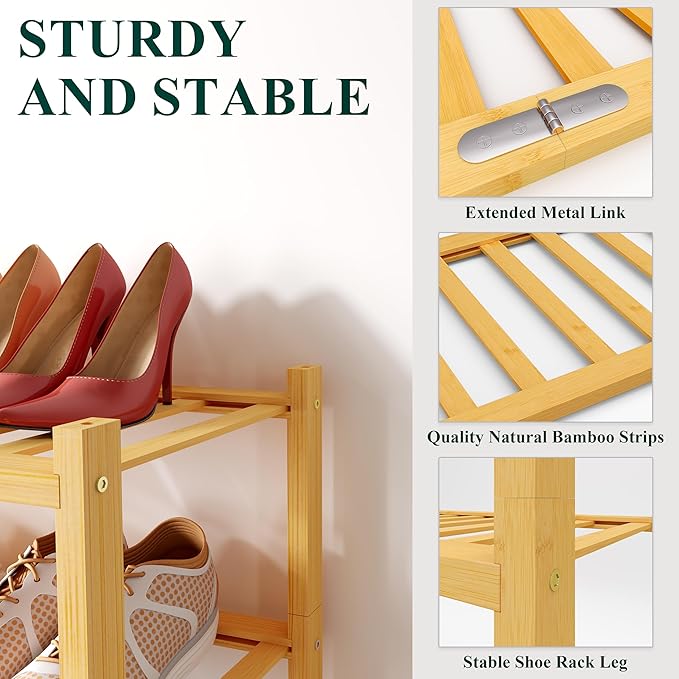 Smiry Shoe Rack, 4 Tier Long Bamboo Shoe Organizer, Stackable Free Standing Wooden Shoe Storage Shelf for Closet, Entryway, Front Door Entrance, Natural