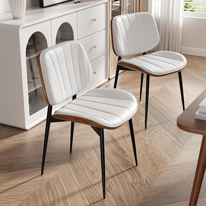Dining Chair, Mid Century Modern Dining Room Chairs, Upholstered Faux Leather Kitchen Chairs with Walnut Bentwood Back and Metal Legs for Kitchen Dining Room Living Room, White