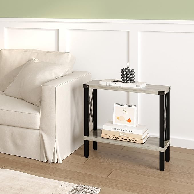 Narrow End Table, Large Sofa Side Table, Farmhouse Nightstand with Storage Shelve, Slim Bedside Table for Living, Room Bedroom, Lounge Oak MLBZ17Z