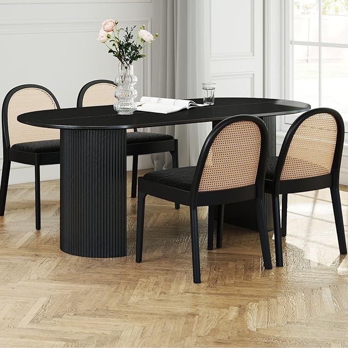 LukeAlon Modern Sherpa Dining Chairs Set of 8, Natural Woven Rattan Cane Back Side Chairs with Solid Wood Legs Mid Century Dinner Chairs for Kitchen Living Room, Black