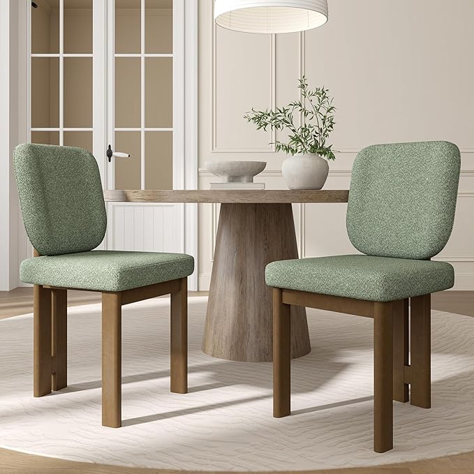 Modern Dining Chairs Set of 2, Farmhouse Chenille Upholstered Wooden Kitchen Chairs with Back, Side Armless Dining Room Chairs with Walnut Wood Legs for Kitchen Restaurant, Green
