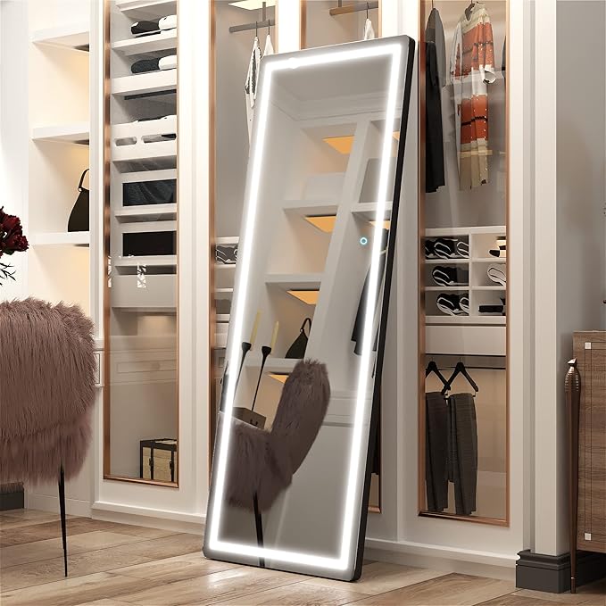 Hasipu Full Length Mirror with Lights, 61" x 22" LED Floor Mirror, Full Body Dressing Standing, Hanging Mounted Mirror for Living Room Bedroom Cloakroom, Round Black