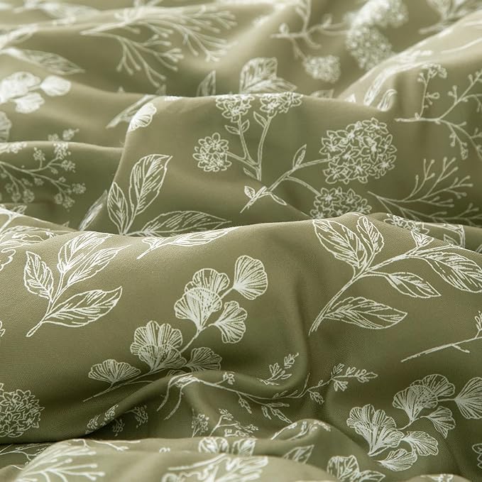 EAVD Fresh Botanical Floral Comforter Set Full Dark Olive Green Soft Microfiber Chic Cute Garden Floral Bedding Comforter Set 1 Full Comforter and 2 Pillowcases Botanical Comforter for All-Season