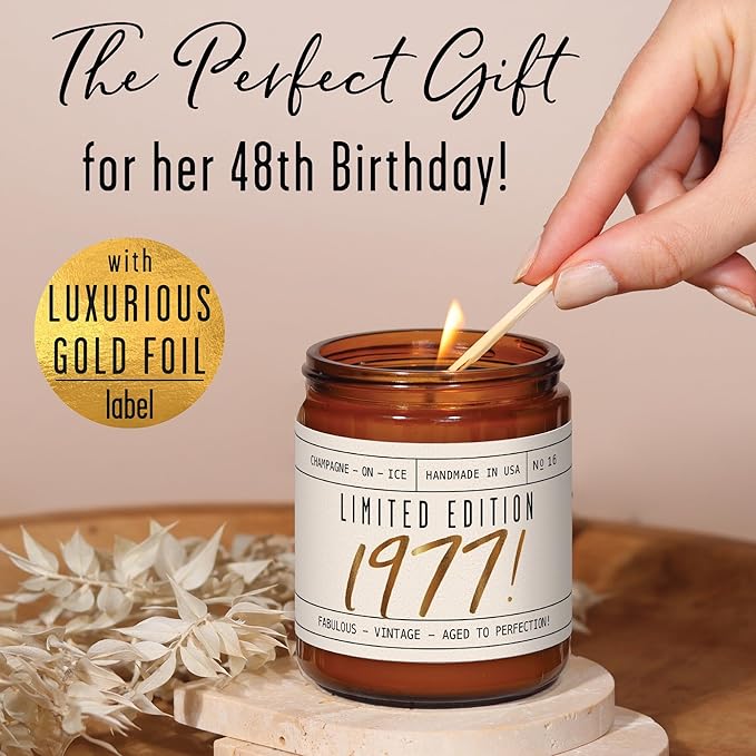 48th Birthday Gifts for Women - 'Limited Edition 1977' Soy Candle, w/Champagne on Ice I 48 Birthday Gifts for Women I 48th Gift for Her Ideas I 9oz Reusable Jar, 50Hr Burn, Made in USA