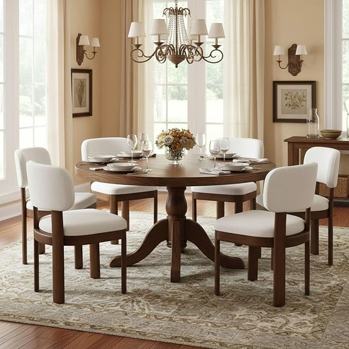 Beige Dining Chairs Set of 2 Mid Century Modern Upholstered Dining Room Chairs with Curved Backrest and Wooden Legs for Kitchen Island, Dining Room