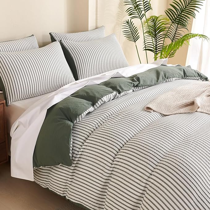Comforter Set King Size Green Soft Luxury Washed Microfiber Jacquard 3 Pieces Bedding Set, White Green Vertical Ticking Stripes Pattern Comforter with 2 Pillowcases Breathable Durable Comfy