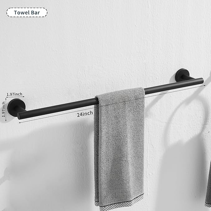 GGStudy Black Towel Rack for Bathroom, 24 Inch Towel Bar Towel Rod Towel Holder Wall Mount SUS304 Stainless Steel