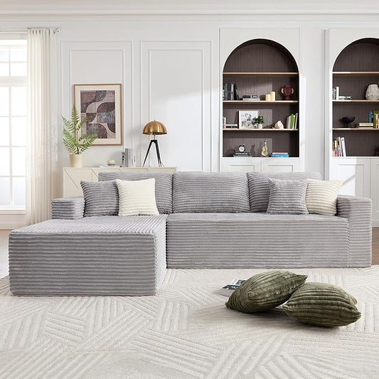 108" Boneless Couches for Living Room, Modular Sectional Sofa with Oversized Chaise, L-Shape Cloud Couch with Deep Seat, High-Density Memory Foam, No Assembly Required, Plush Corduroy Grey