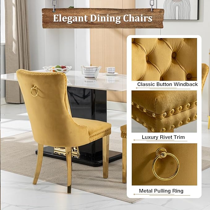 Goujxcy Glass Dining Table Set for 4, Modern Kitchen Table and Chairs Set of 4, 5-Piece Kitchen Dining Room Table Set w/61 Glass Gold Dining Table and 4 Yellow Velvet Upholstered Chairs