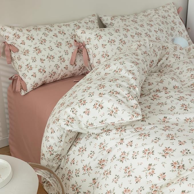 LifeTB Pink Floral Duvet Cover Queen 100% Cotton Flower Duvet Cover Girls Cottagecore Bedding Set Vintage Garden Style Aesthetic Bedding Floral Comforter Cover Botanical Bedding Cover Queen Size