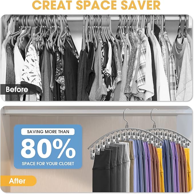 Upgrade Skirt Pants Hangers with Clips, Metal Pants Legging Organizer for Closet Holds 30 Leggings/Shorts/Jeans/Skirts Pant Hangers Space Saving Hanging Closet Organizers Shorts Hanger, Grey 2Pack