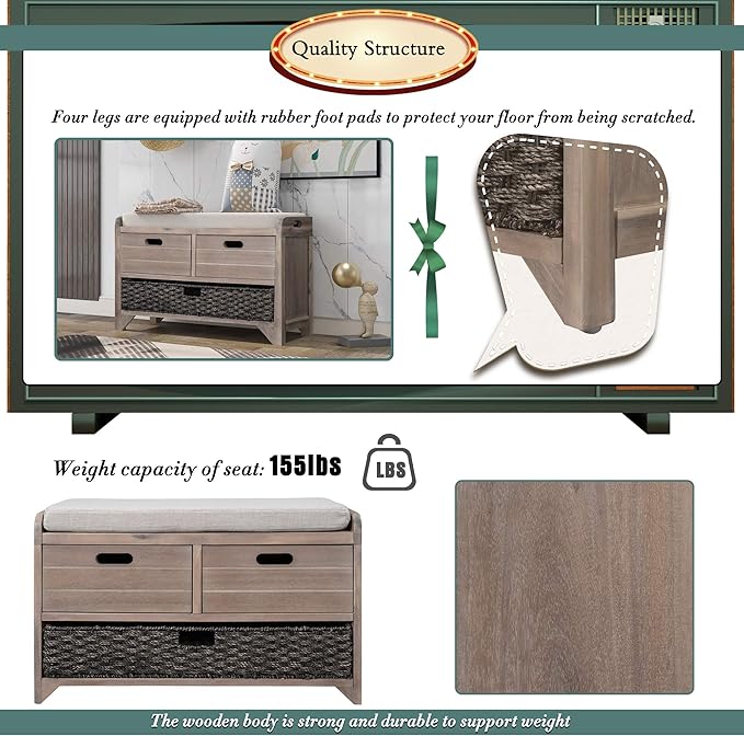 Fully Assembled Storage Bench with Cushioned Seat, 2 Drawers & Removable Basket, Solid Wood Entryway Shoe Bench for Bedroom, Hallway, Living Room (White Washed)