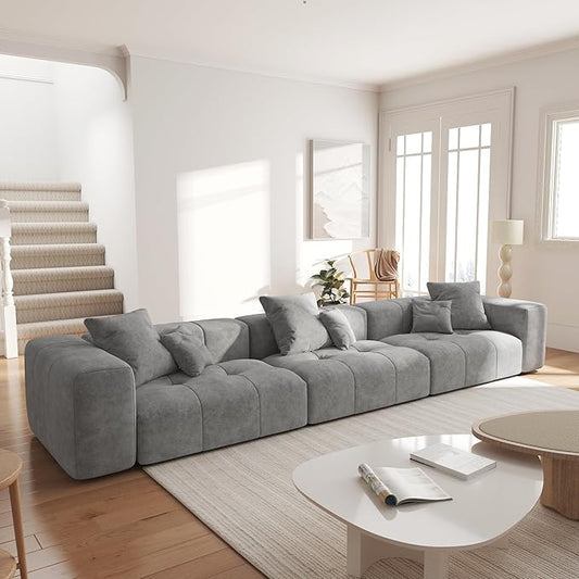 JACH 144 Inch Modular Sofa, Mid Century Modern Extra Deep Corner Seat Couch, 3-Seater Sofas for Living Room, Sectional Couches, Cozy Sofa for Apartment, Living Room (Linen Fabric, Grey)