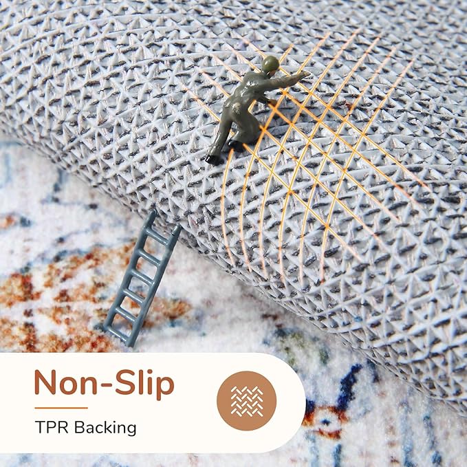 OPPODREAM Thin 10x14 Area Rugs, Neutral Washable Rugs 10x14 with Non Slip Backing, Low-Pile Faux Cashmere 10 x 14 Carpet, Cream White & Blue & Light Brown