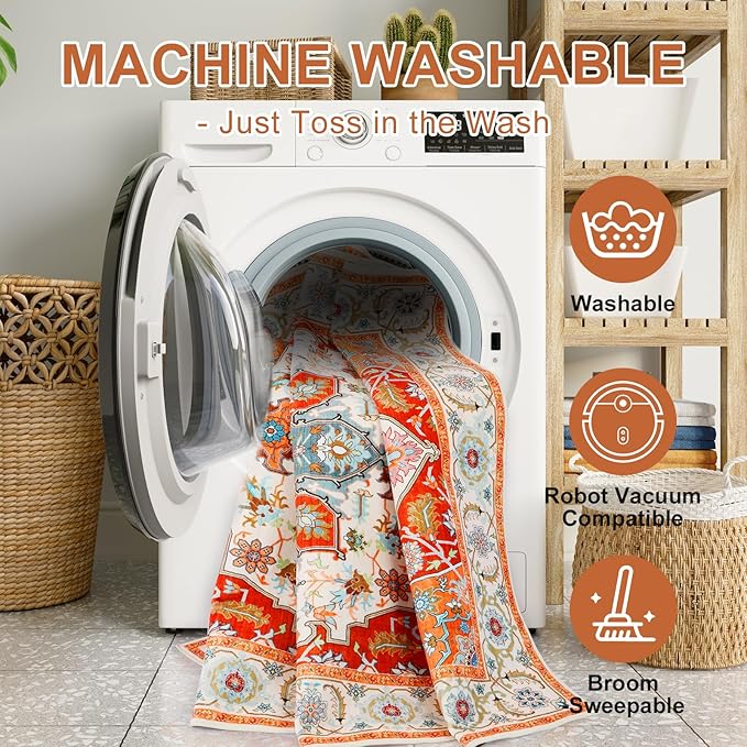 WILLSUN Washable Area Rugs, 5x7 Non-Slip Boho Large Area Rugs for Living Room, Bedroom, Machine Washable Vintage Rug, Indoor Floral Print Carpet for Home Decor, Kid & Pet Friendly Mat