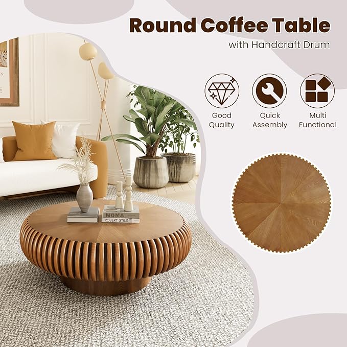 Round Drum Coffee Table for Living Room, Mid Century Modern Coffee Table with Sturdy Pedestal, Farmhouse Fluted Circle Center Table Accent Tea Table for Apartment (31.5" Brown)