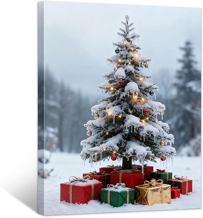 Framed Christmas Pictures Wall Decor,Vintage Pine Tree Prints,Winter Christmas Canvas Wall Art Decoration for Bedroom Bathroom Living Room Rustic Xmas Holiday Gifts (Christmas Tree 11, 11'' X 14'')