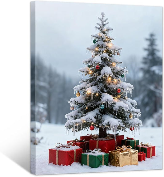 Framed Christmas Pictures Wall Decor,Vintage Pine Tree Prints,Winter Christmas Canvas Wall Art Decoration for Bedroom Bathroom Living Room Rustic Xmas Holiday Gifts (Christmas Tree 11, 16'' X 24'')