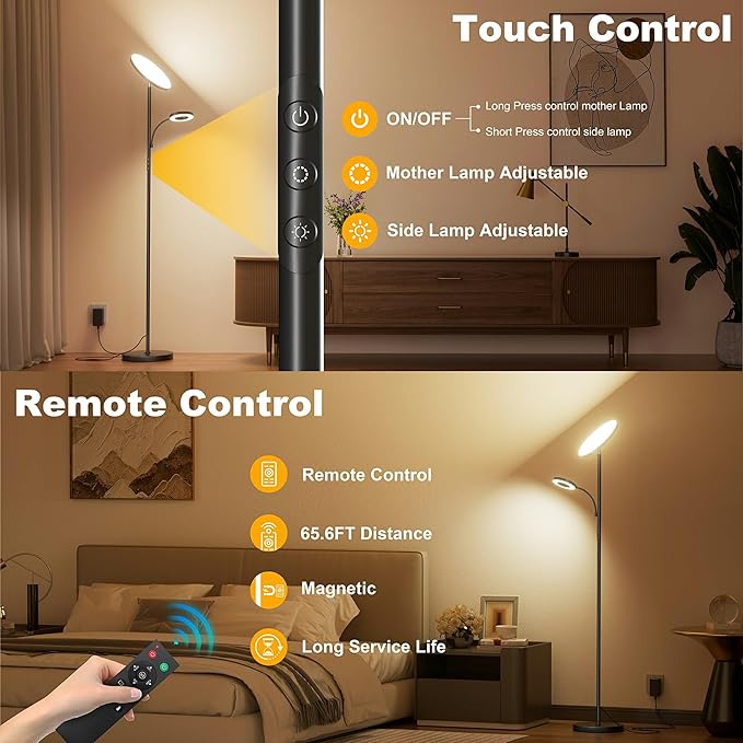 Floor Lamps for Living Room Bedroom, 42W/4300LM Super Bright LED Floor Lamp with Remote and Touch Control, Stepless Dimmable, 69" Tall Standing Lamp with Gooseneck Reading Light for Hotel Office