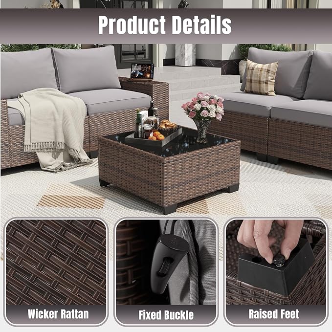 Aoxun 12 Pieces Patio Furniture Set Wicker Rattan Outdoor Sectional Conversation Set with Coffee Table and 4” Thickened Cushions, Gray (Waterproof Cover Included)