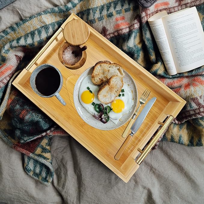 Bamboo Wood Serving Tray with Gold Polished Metal Handles, Decorative Tray Platter Coffee Table Tray Rectangular Wooden Breakfast Tray for Ottoman, Kitchen, Bedroom, Lap &Couch - 15x10.4 Inch