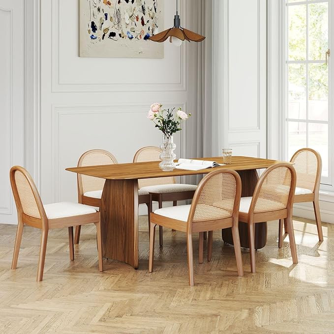 LukeAlon Modern Sherpa Dining Chairs Set of 6, Natural Woven Rattan Cane Back Side Chairs with Solid Wood Legs Mid Century Dinner Chairs for Kitchen Living Room, White