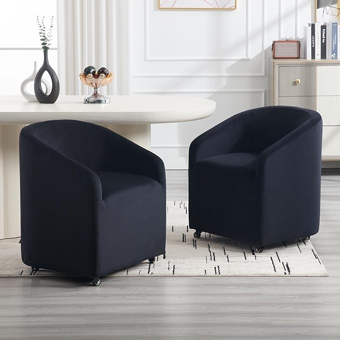 Set of 4 Modern Upholstered Dining Chairs with Swivel Casters, Velvet Barrel Back Accent Side Chair for Dining Room Living Room, Black