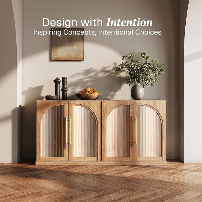 BELLEZE Set of 2 65" Sideboard Cabinet with Double-Arc Wood Doors, Large Buffet Cabinet with Storage and Adjustable Shelves, Classic Modern Console Table for Dining Room Living Room Entryway (Camel)