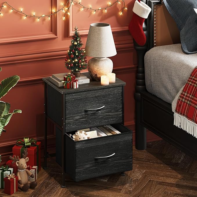 WLIVE Night Stand, Small Dresser with Drawers, Dresser for Bedroom with 2 Fabric Drawer, Black Bedside Table End Table, Dorm Nightstand, Closet Organizer, Charcoal Black Wood Grain Print