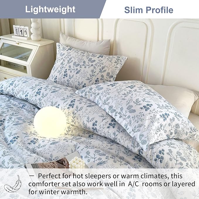 EAVD Blue Floral Comforter Set Twin/Twin XL White Soft Microfiber 3-Pieces Boho Botanical Flower Bedding Comforter Set for Girls with 2 Pillowcases Cute Fresh Botanical Bedding Set for All-Season
